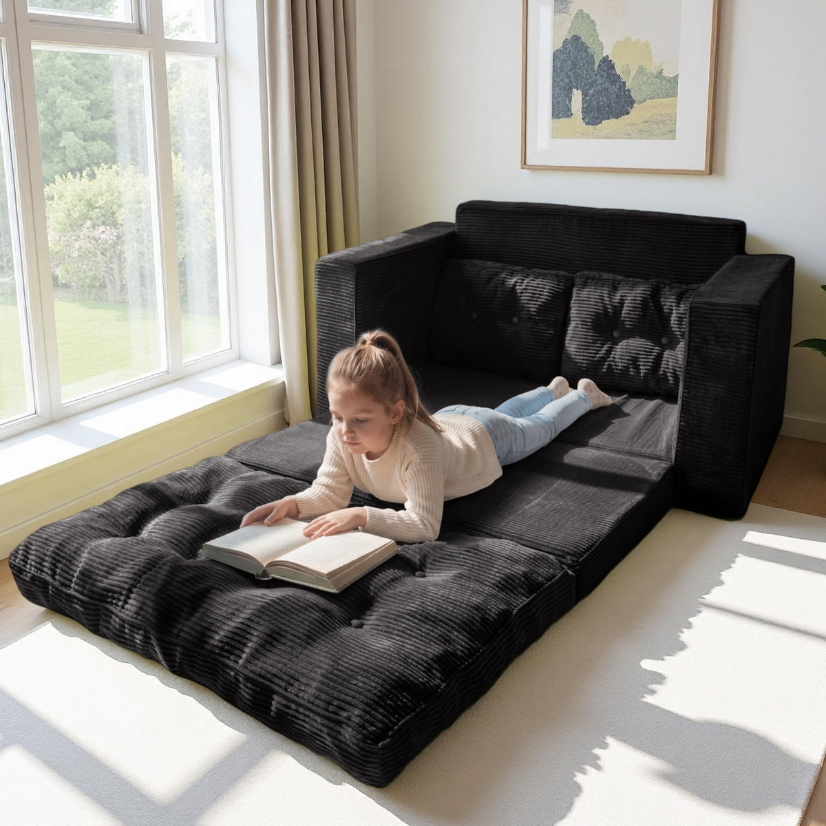 MAXYOYO Convertible Sofa Bed, Pull Out Loveseat Sleeper Sofa, 2 in 1 Folding Couch Bed, Fold Out Floor Couch with Pillows for Living Room Bedroom Lounge, Black