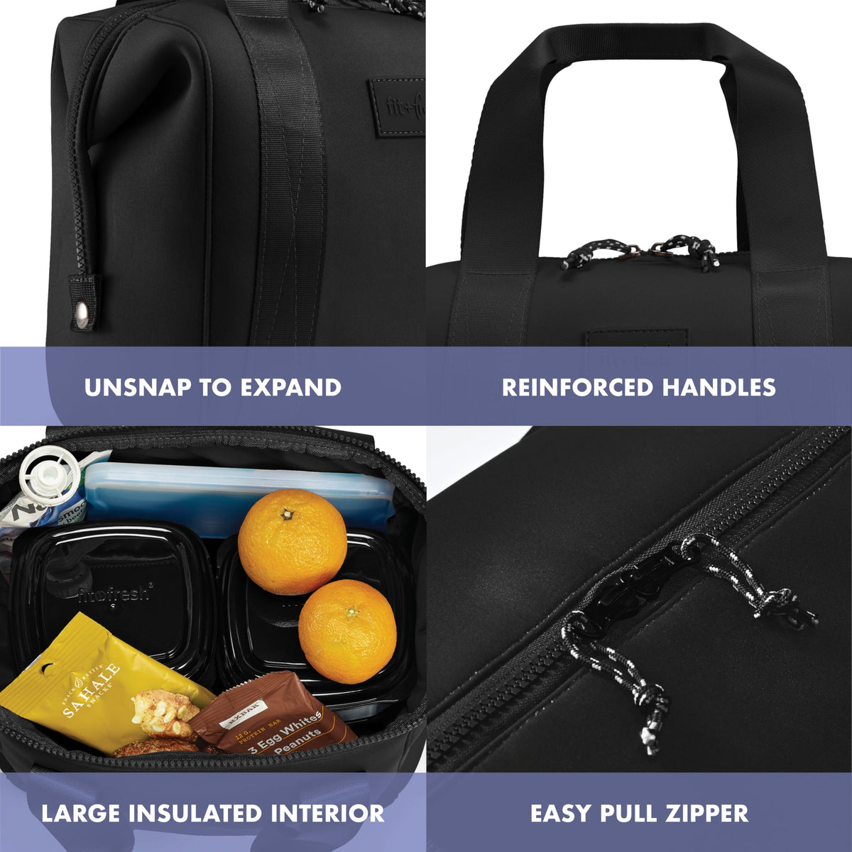 Fit & Fresh Remi Lunch Bag for Women Work – Neoprene Lunch Tote with Containers & Ice Pack, Reusable Meal Prep Lunch Box, Large Capacity, Machine Washable, Black