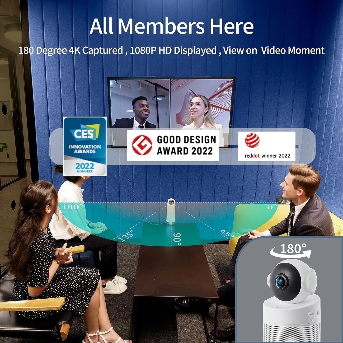 KanDao Meeting S 1080P HD Conference Room Camera, AI Face Recognition and Speaker Tracking, 8 Noise Cancelling Mics, Smart Zoom, Automatic Focus, 180-Degree, Plug & Play, Compatible with Teams, Skype
