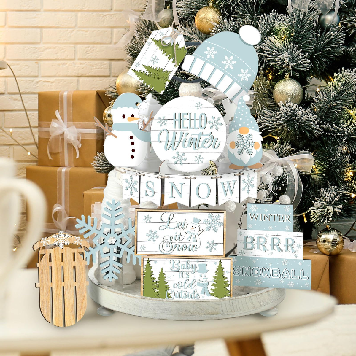 FairySandy 15 Pcs Winter Tiered Tray Decor Snowman and Snowflakes Wooden Signs Farmhouse Winter Tiered Tray Decorations Set Wood Table Decor for Holiday Home Kitchen
