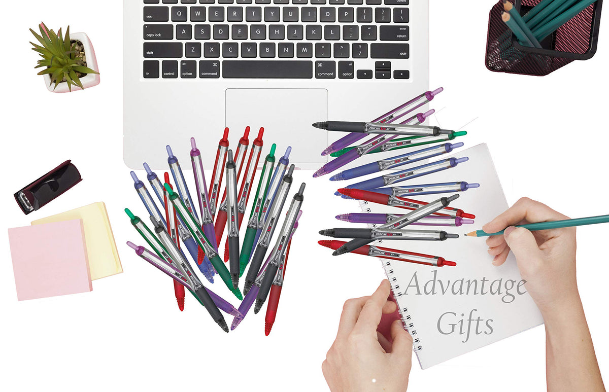 Advantage Gifts Precise V5 RT Retractable Rolling Ball Pens, Extra Fine Point (.5mm), Red Ink, 7-pk; Premium Comfort Grip, Bundle with Plastic Reusable Pouch