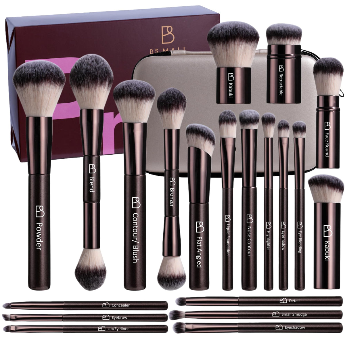 Professional Makeup Brushes BS-MALL With Travel Case - Kabuki Brush Eyeshadow Brush, Concealer Brush, Blush Brush Bronzer & Foundation Brush 20 Pcs, Labeled Daily Use & Versatile Occasions Gift Box