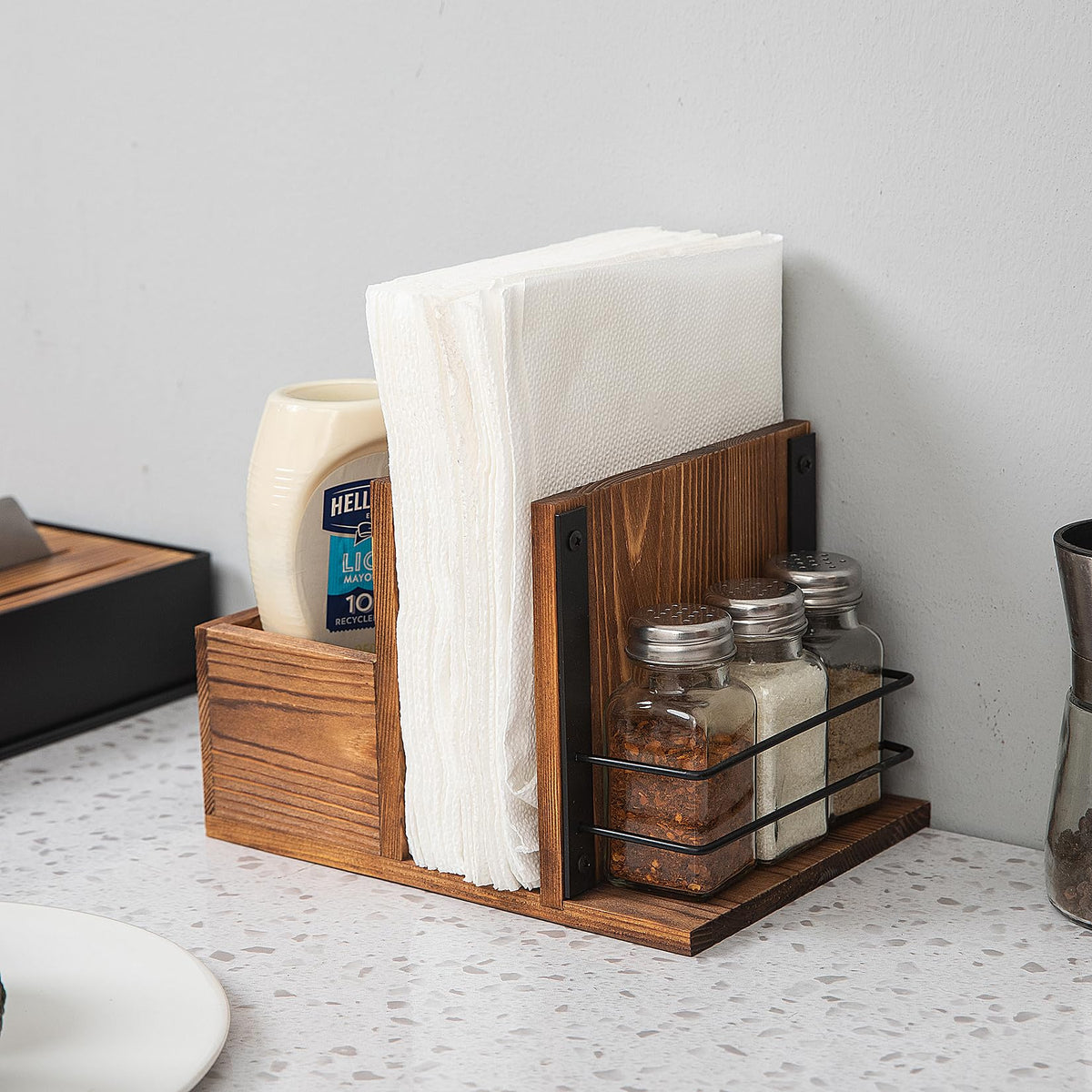 ExoLiry Rustic Burnt Wooden Kitchenware Organizer Napkin Utensil Spice Holders Table Seasoning Shakers Chalkboard Label Countertop Salt Pepper Caddy Wood Kitchen Dining Room Restaurant Café Home