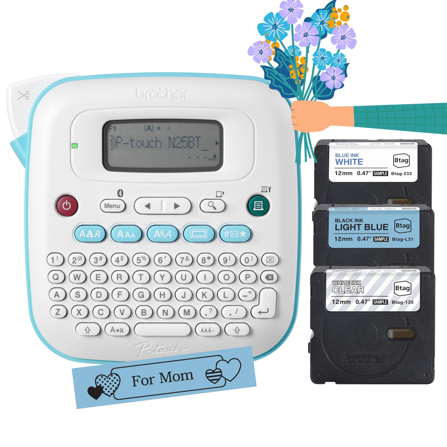Brother P-Touch -N25BTV3 Personal Connected Label Maker, Bluetooth (Bundle), Design&Print2 app, Portable, Handheld, 3 Sample Label Tapes Included, Prints with Btag½â€ (12mm) Wide Tapes