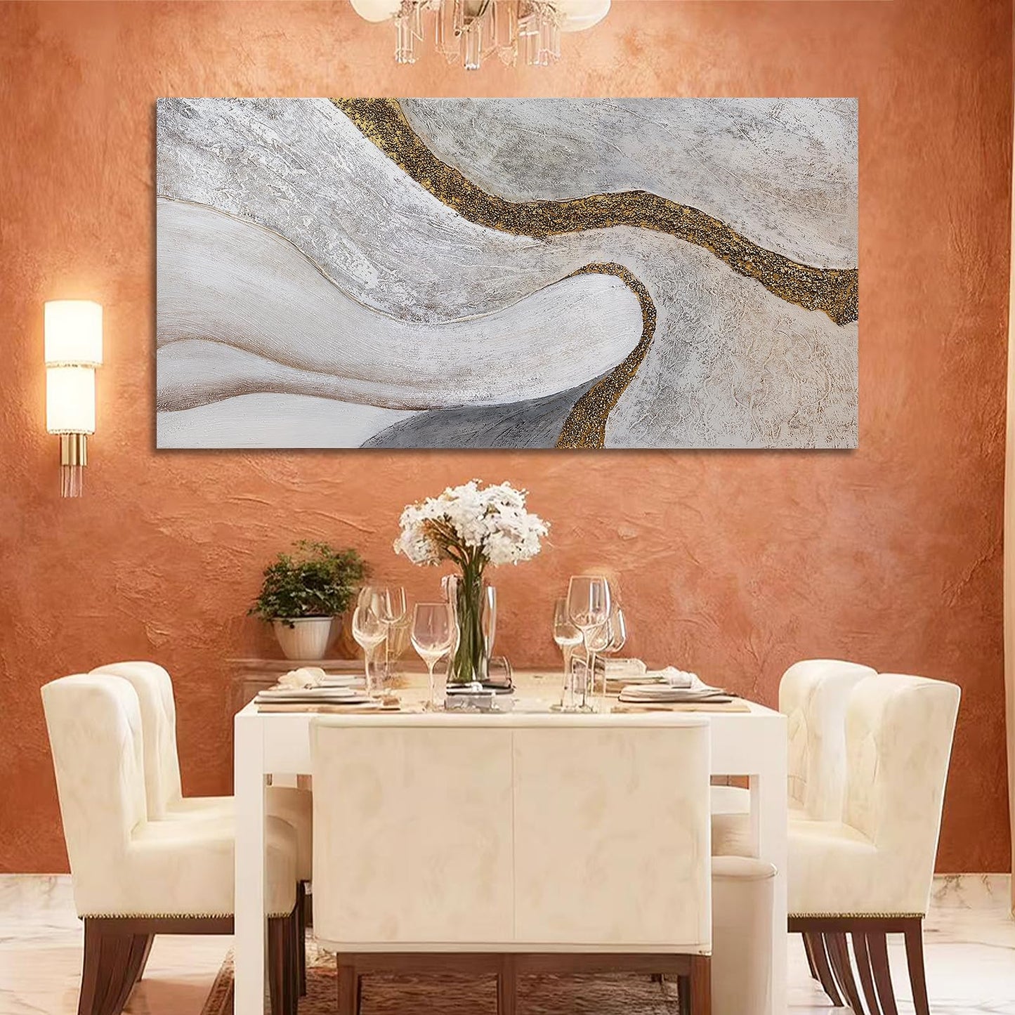 ZUNARE Modern White and Gold Abstract Canvas Wall Art Textured Posters Picture Flowing Line Design Minimalist Artwork for Living Room Bedroom Office Neutral Wall Decor 24x48 Inch