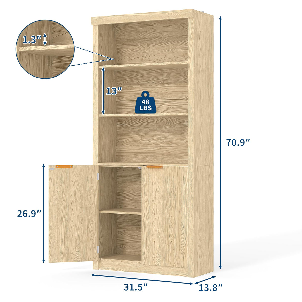Modern Tall Book Shelf and Bookcase, 31.5"Wide Bookshelf with Doors, Farmhouse Book Case with Adjustable Top Shelf, Wood Storage Cabinet with 5 Tier Display Shelves for Home Office, Living Room,Oak