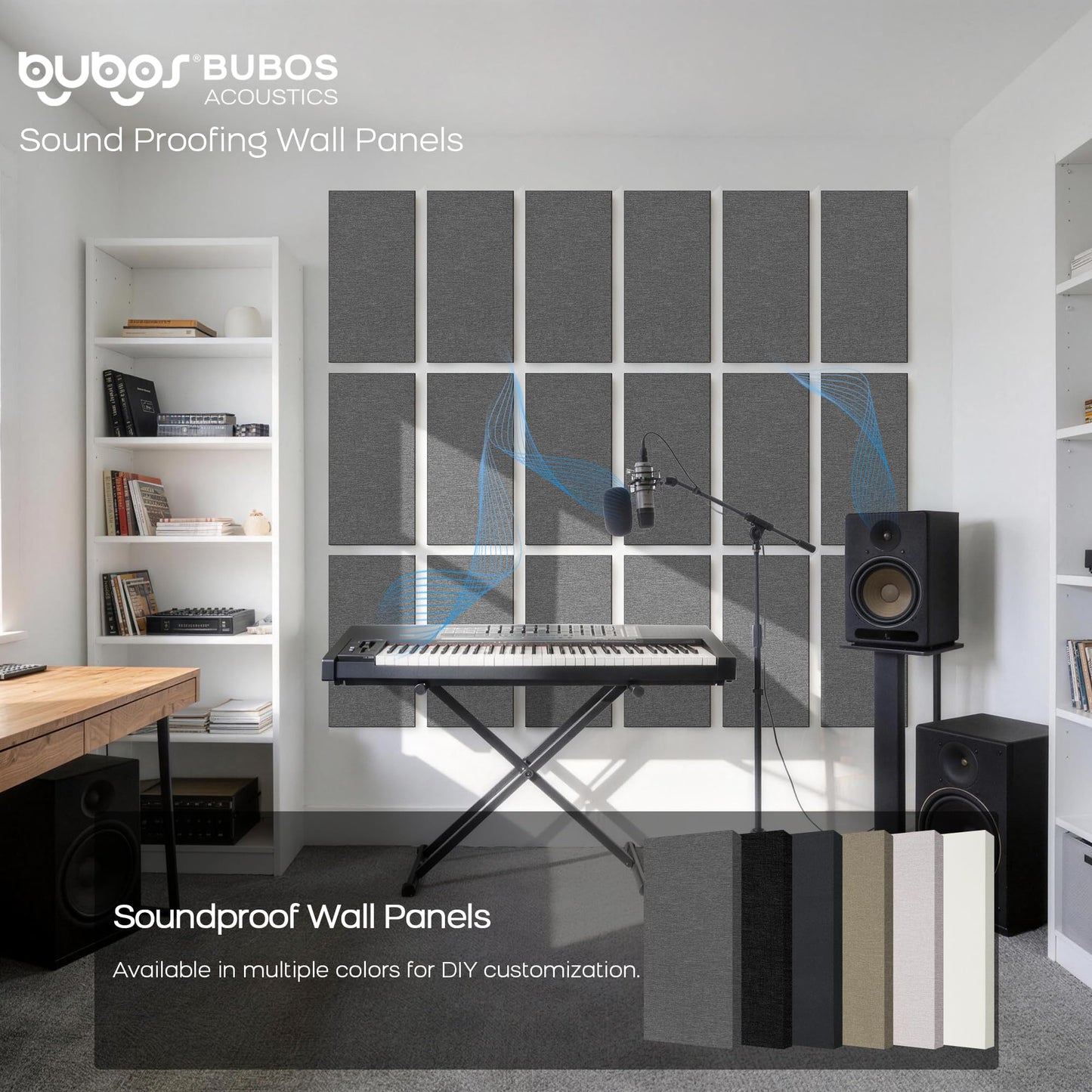 BUBOS 4 PCS Fabric Acoustic Panels, 23.6''x11.8''x1'' Self-Adhesive Soundproofing Panels for Home Studio, Office & Living Room, Sleek Design to Eliminate Echo,Fabric-Clad Grey