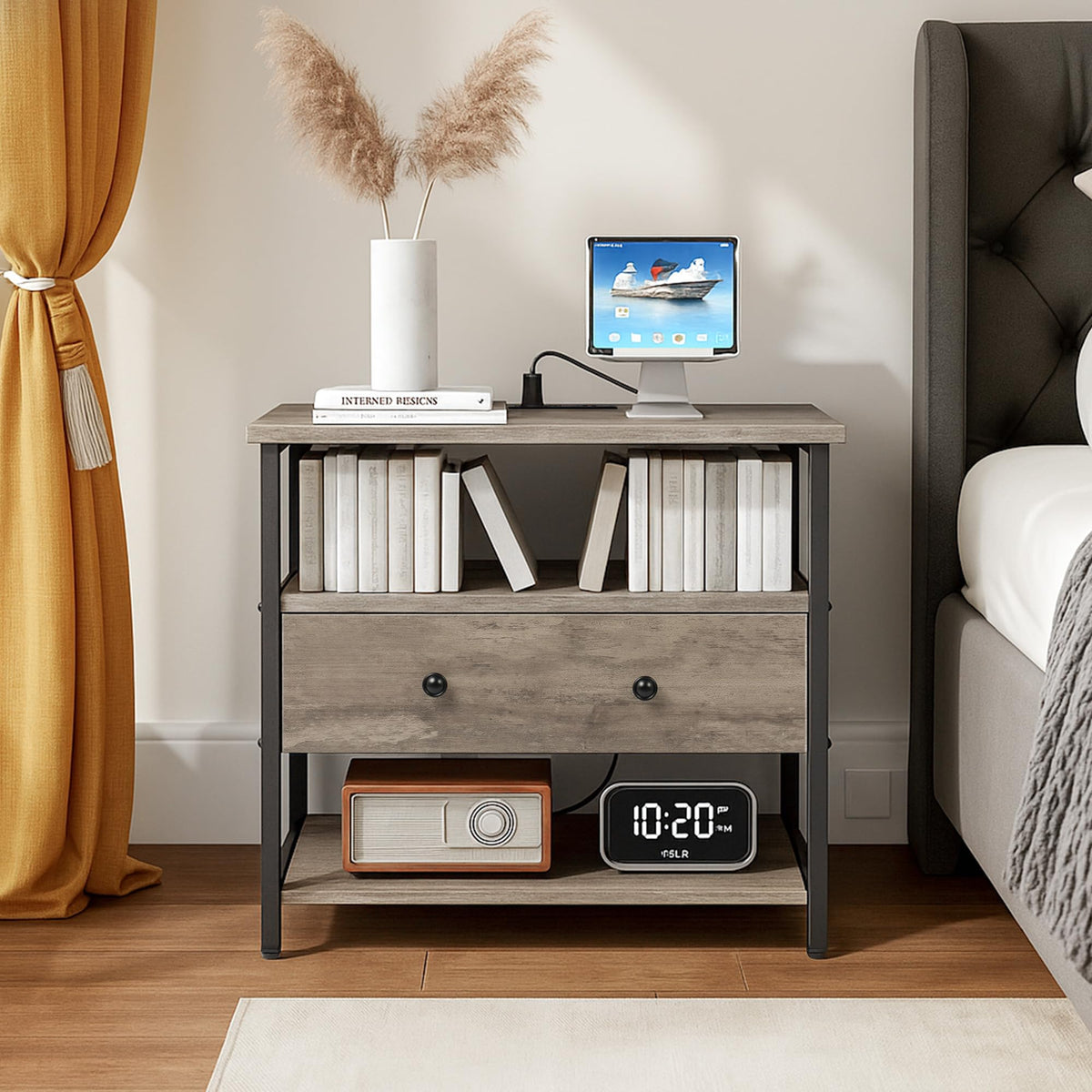 Edbuosy 27 Inch Wide Night Stand with Charging Station, Wood Nightstand with Open Shelf, Large Drawer Bedside Table for Living Room/Bedroom/Office (Rustic Gray)