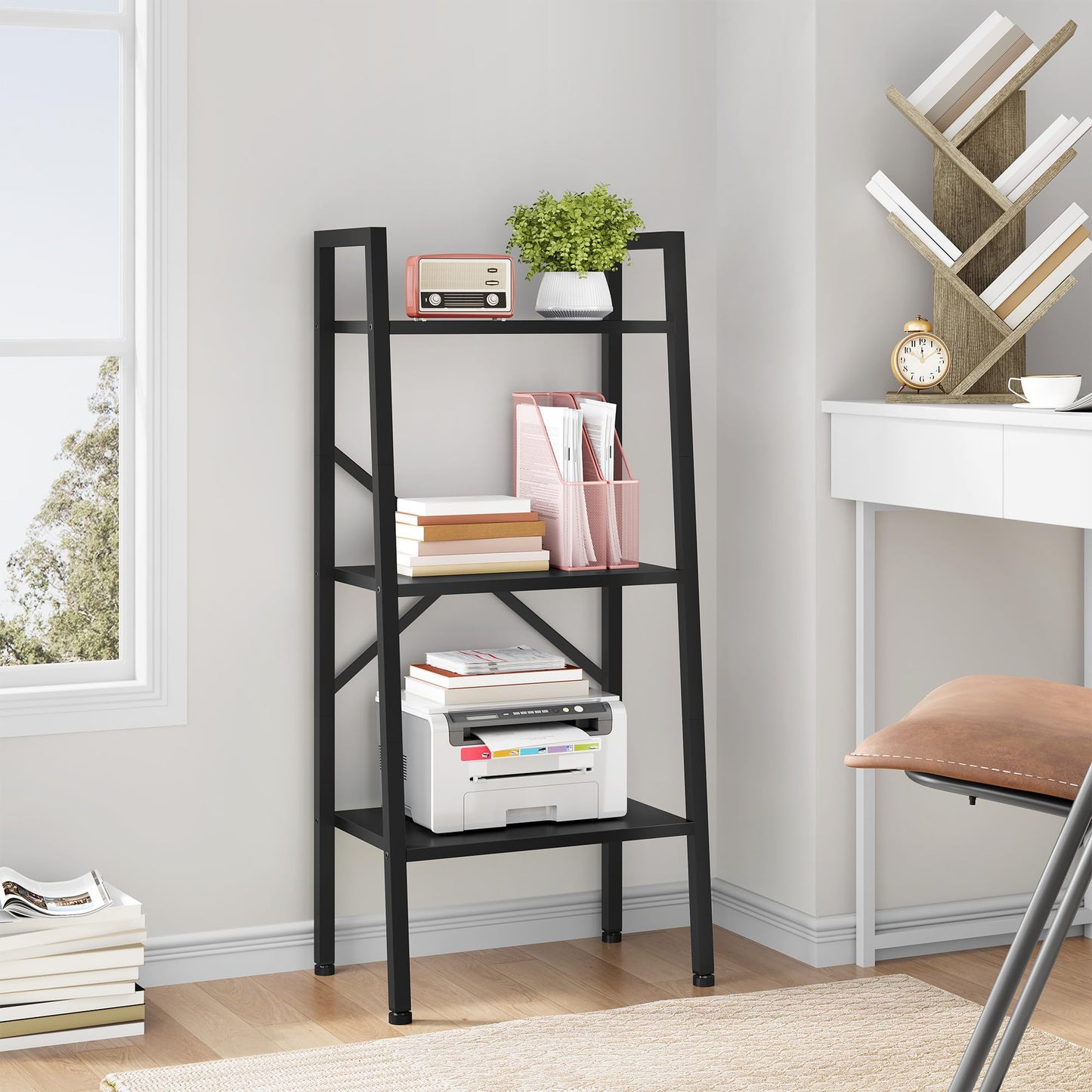 Hoctieon 3-Tier Industrial Ladder Bookshelf, Narrow Ladder Shelf, Tall Standing Bookshelf, Skinny Open Ladder Shelf, for Living Room, Home Office, Kitchen, Bedroom, Metal Frame, Black