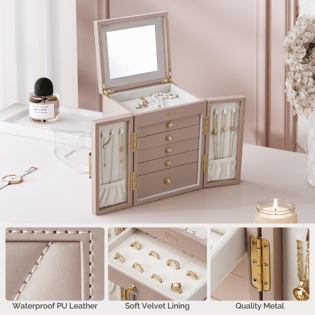 BIQI MUSSE Jewelry Box for Women, 6-Tier Jewelry Organizer Box with Mirror, 5 Drawers Jewelry Storage Case for Ring Necklace Earring Bracelet, Light Taupe