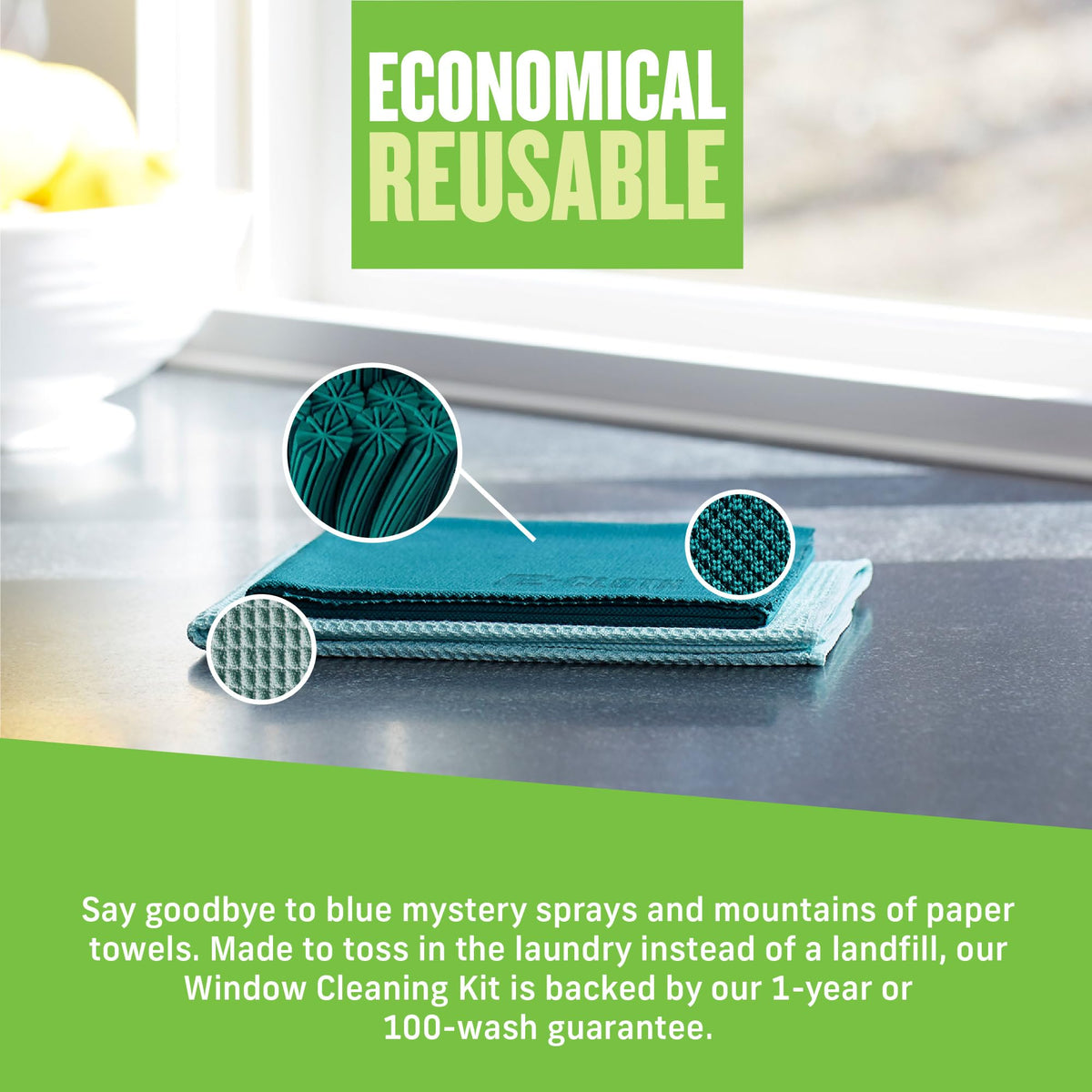 E-Cloth Microfiber Window Cleaning Cloth Kit - Glass Cleaning Cloth for Windows, Mirrors, Cars, Lenses, Eyeglasses, & More, Streak Free Clean, Machine Washable Reusable Towel - Green