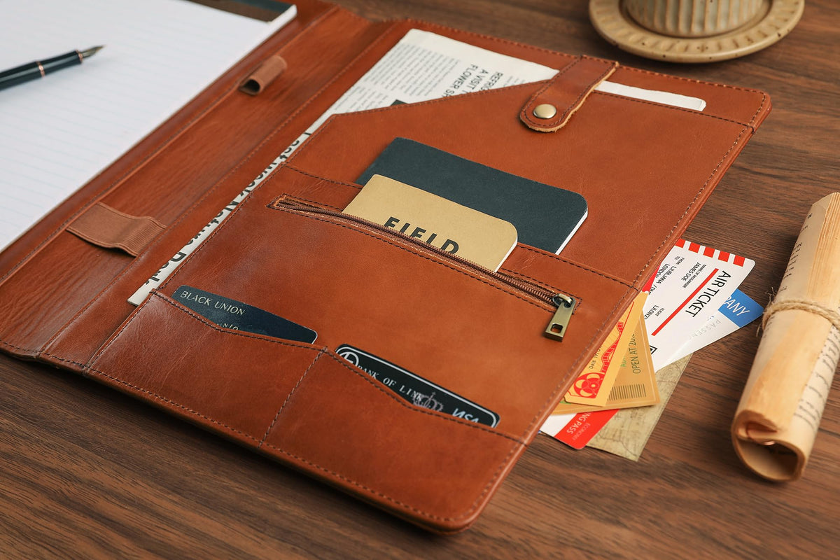 Personalized Leather Padfolio for Lefty, Business Portfolio Binder with Clipboard, Legal Pad Portfolio Folder for Men/Women - Oil Brown