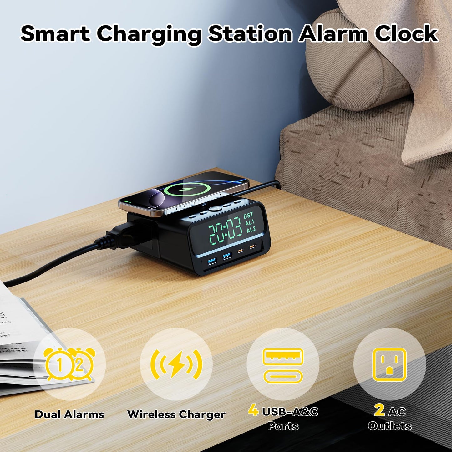 Kungfuking Digital Alarm Clock with Magsafe Wireless Charging 15W for Bedroom, Nightstand Dorm Room Hotel Clock, 4 USB A&C 55W Fast Charging, 2 AC Outlets, Dual Alarm Clock, Snooze, Dimmable, DST
