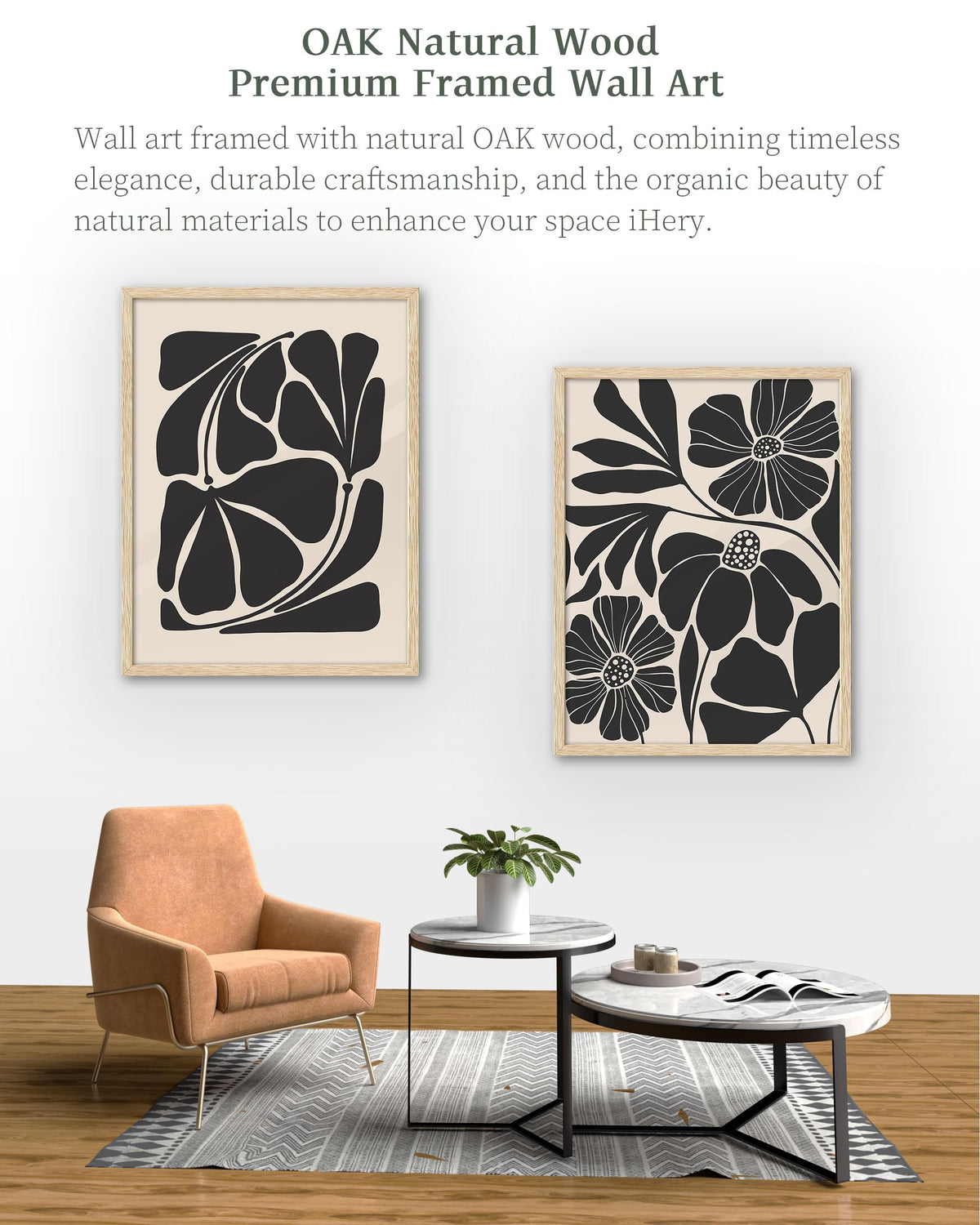 iHery Natural OAK Wood Abstract Botanical Framed Wall Art, 12x16 in Beige Black Flower Canvas Wall Art Modern Mid Century Botanical Neutral Wall Decor Set of 1 For Bedroom Living Room