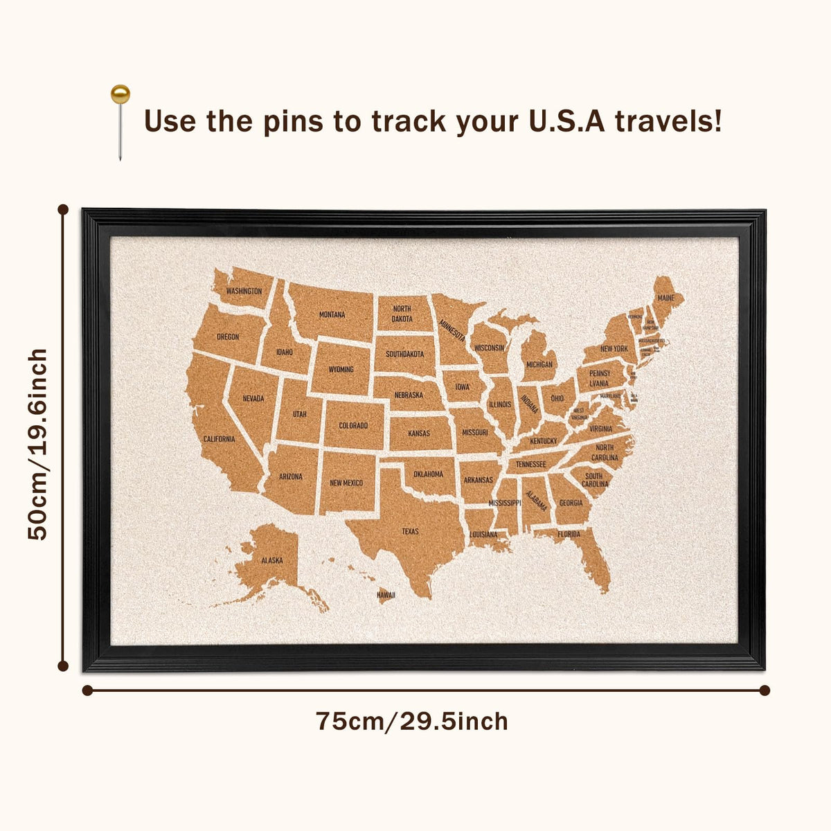 YCCYYCCY Wooden Frame Cork Board Map of The United State, 20" X 30" Bulletin Boards for Walls with 10 Pins, Travel Tracker Map for Office, School and Home (US-MAP,5075,D)