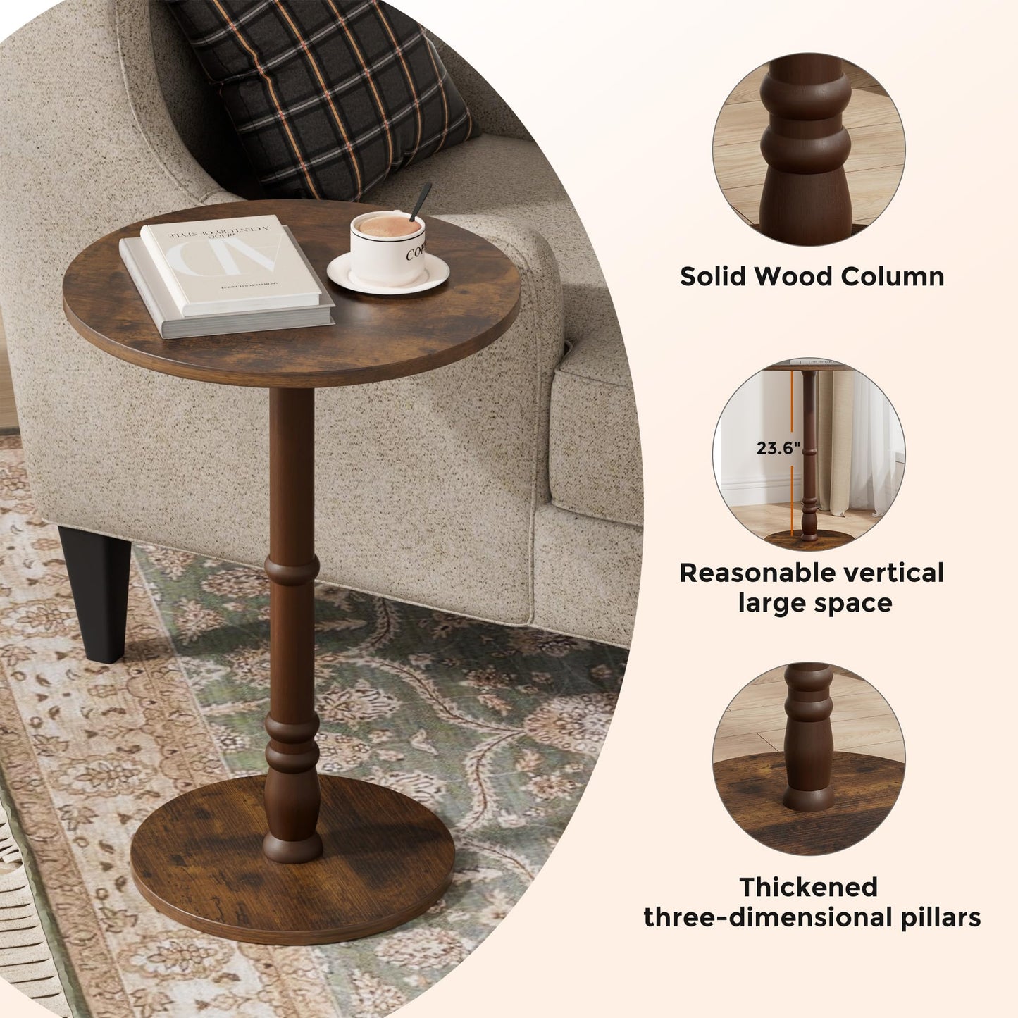 Homleke 16" Round Side Tables Set of 2, Solid Wood Pillar with Wood Top & Base, Small Drink Accent Table for Living Room, Bedroom, Sofa & Office, Easy Assembly, Rustic Brown