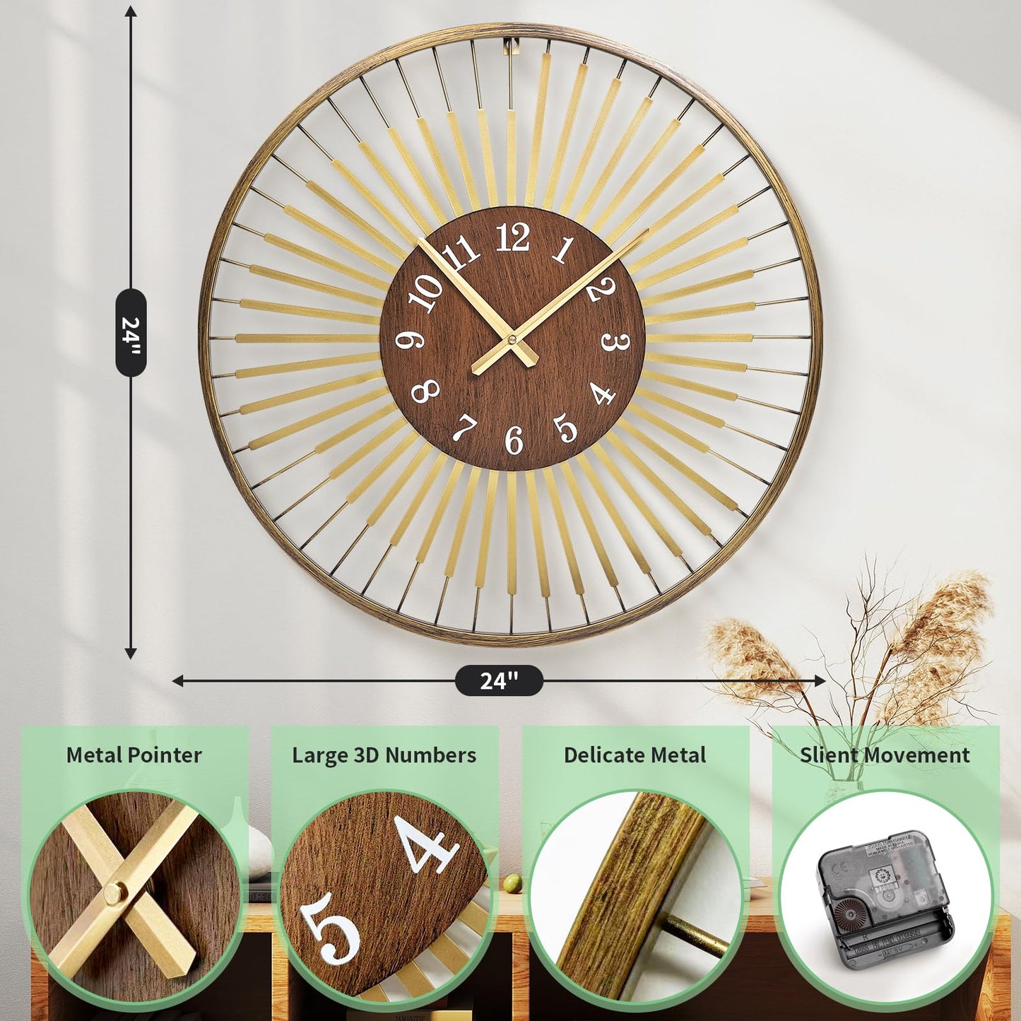 XGGJWW 24 Inch Mid-Century Modern Wall Clock, Round Frame Metal Design with Walnut Wood Center, Silent Quartz Movement, Gold-Tone Accents – Decorative Wall Clock for Living Room, Bedroom, and Office