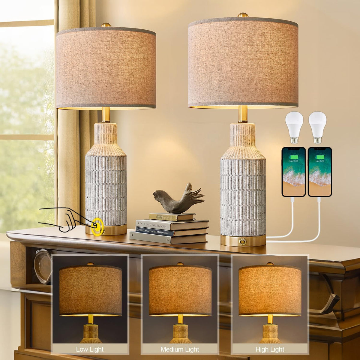 USumkky 25" Modern 3-Way Dimmable Touch Control with USB A+C Ceramic Lamps Set of 2 Table Lamp for Living Room Bedroom Farmhouse Nightstand Bedside Lamps (White-Washed)