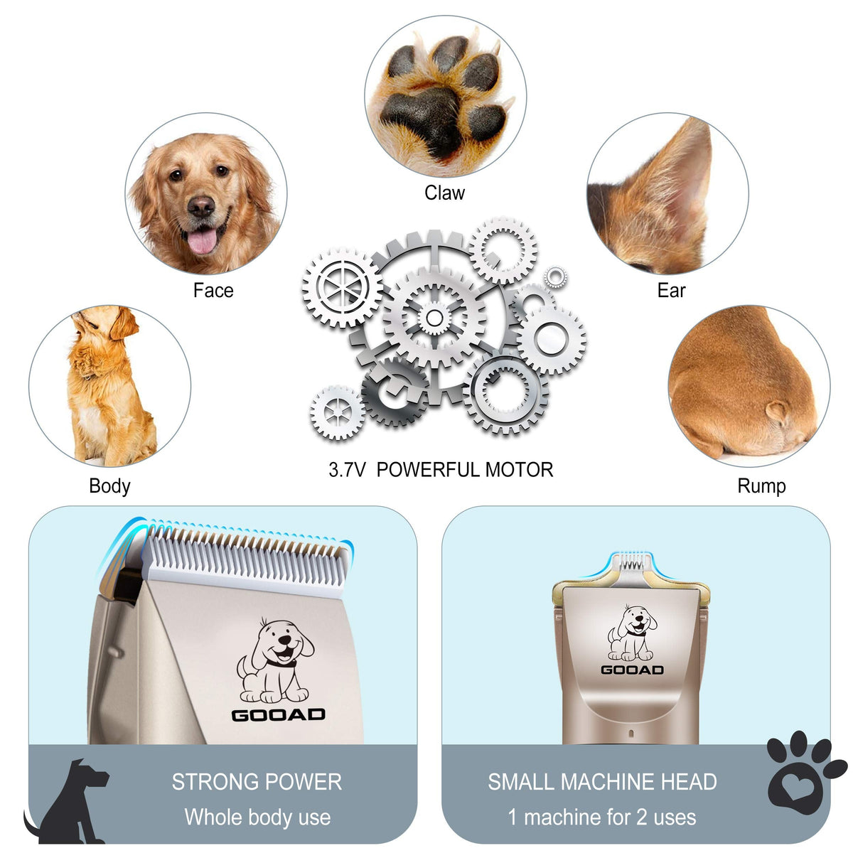 Gooad Dog Clippers for Grooming,Dog Grooming Kit for Heavy Thick Hair&Coats/Low Noise Rechargeable Cordless Hair Trimmer/Pet Shaver with Paw Trimmer for Small & Large Dogs Cats