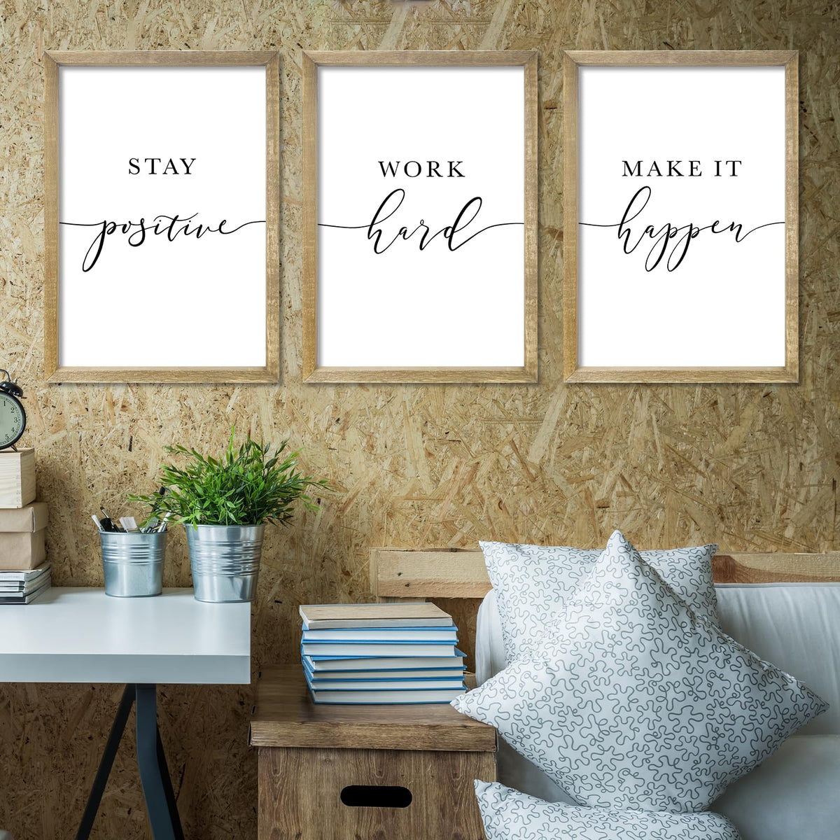 RLWangChao Inspirational Quotes Wall Art Decor 11"X16" 3 Piece Modren Office Stay Positive Work Hard Make It Happen Motivational Wood Framed Sign Living Room Positive Wall Hanging Decoration (Wood)
