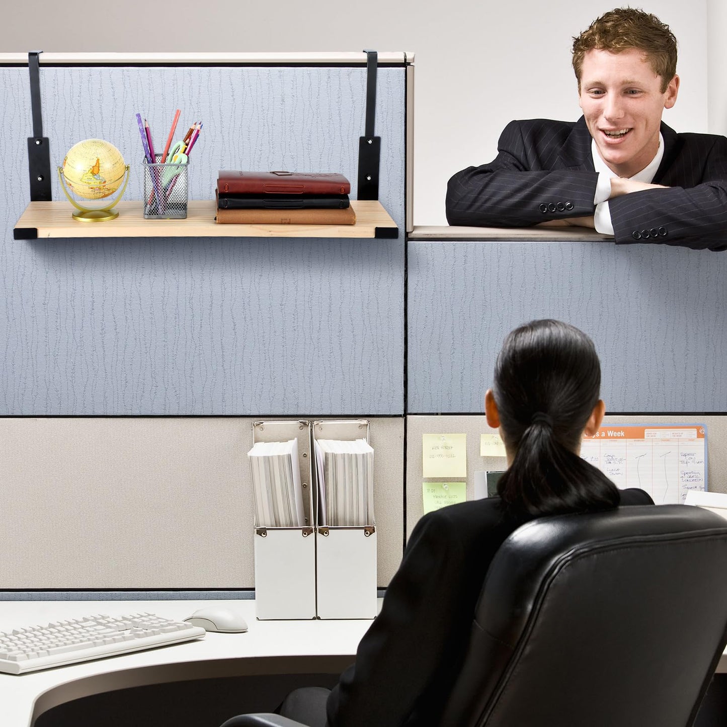 DoubleFill Office Cubicle Shelf 24" Wood Hanging Cubicle Storage Organizer File Hanging Shelf Accessories Storage Organizer Bookshelf with Hooks for Home Desk