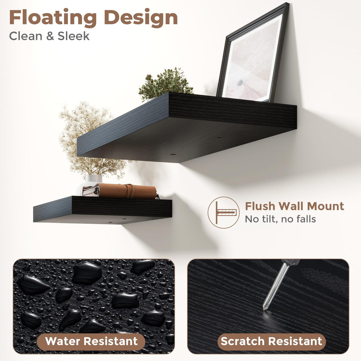 30 Inch Floating Shelves for Wall Set of 2, 12"D Wood Grain Bathroom Shelves with Invisible Brackets, Easy Install Engineered Wood Storage Shelves for Kitchen, Living Room, Bedroom, Black Finish