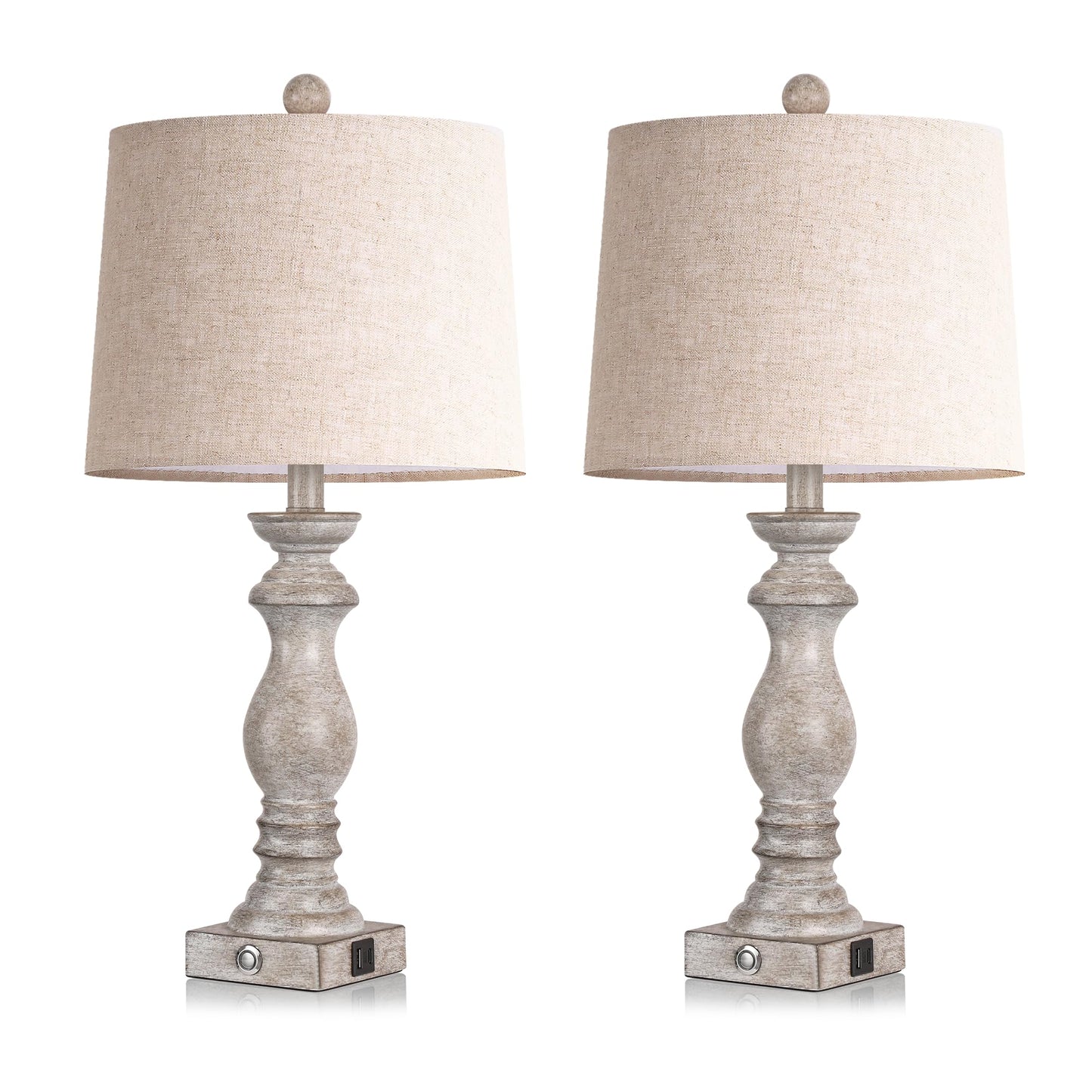 24.5" Table Lamp Set of 2, Rustic Farmhouse Bedside Lamps with USB A+C Charging Ports, 3-Way Dimmable Touch Control Nightstand Lamps for Living Room Bedroom, Antique Grey White, LED Bulbs Included