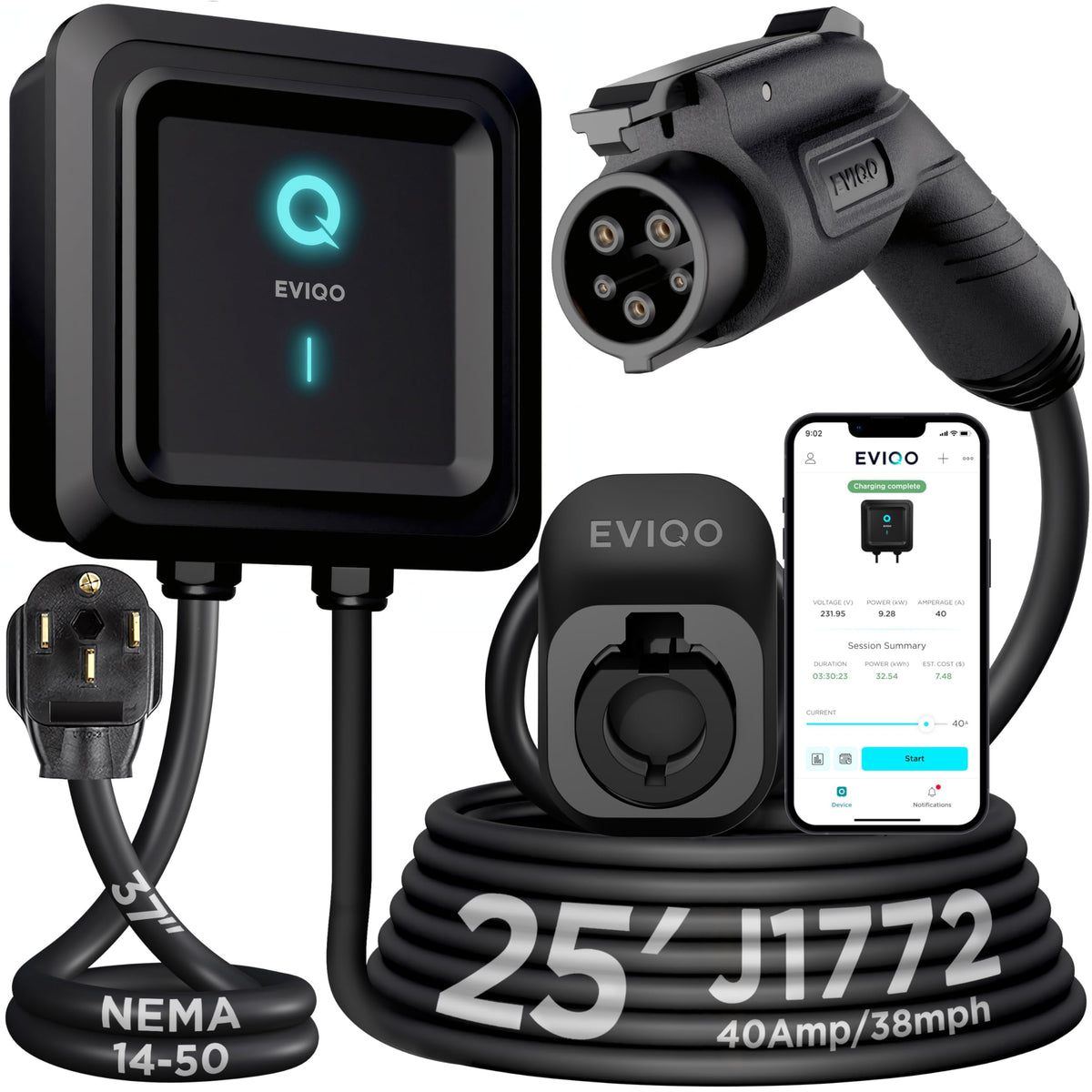 EVIQO Level 2 EV Charger – 48 Amp (11.5 kW) 240V – Wall EV Charger Level 2, NEMA 14-50 Plug/Hardwired, J1772 25' Cable, Enhanced Wi-Fi – UL, Energy Star, ETL Certified EVSE, Car Charging Station GEN 2