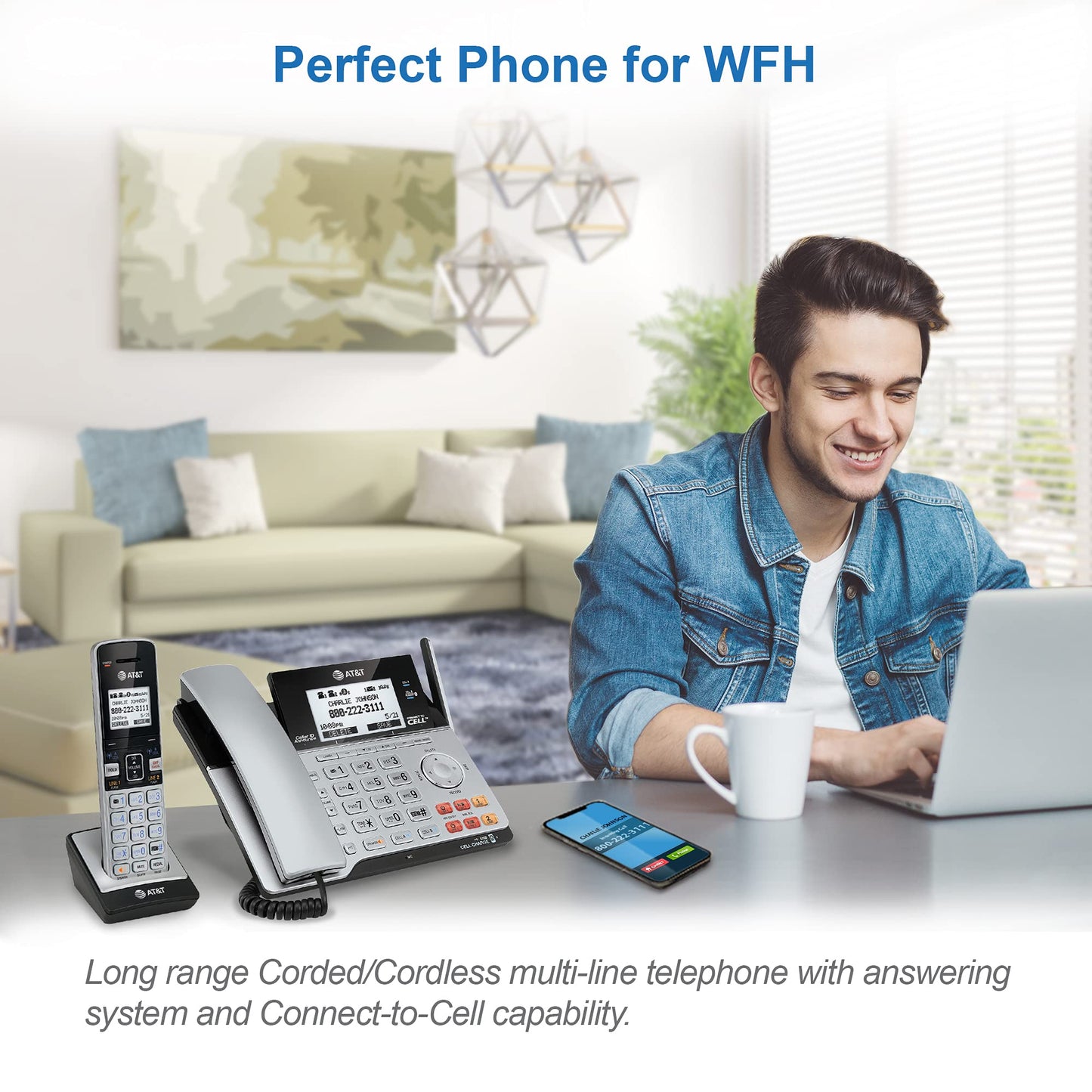 AT&T TL86103 2-Line Corded/Cordless Phone System for Small Business with Answering Machine, Connect-to-Cell Bluetooth, Caller ID, Intercom, Long Range & Expandable to 12 Handsets (Silver/Black)