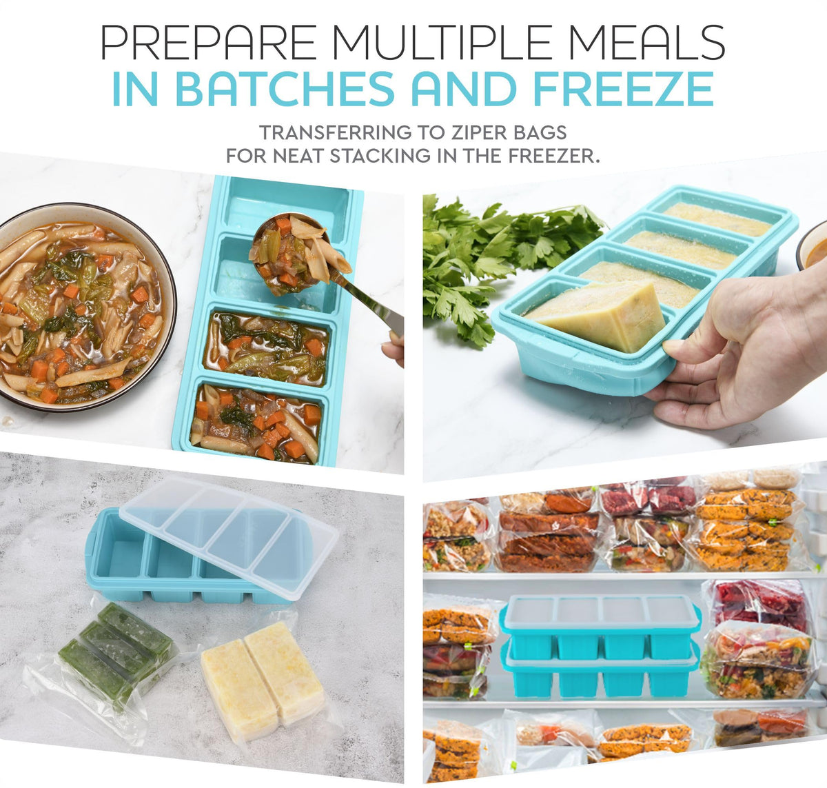 XOMOO Silicone Freezer Tray With Lid - Soup Freezer Container molds - Large Ice Cube Tray- makes 8 perfect 1 cup portions cubes, 2-Pack Freezer Storage Food Soups & Meal Prep - Oven & Dishwasher -Safe
