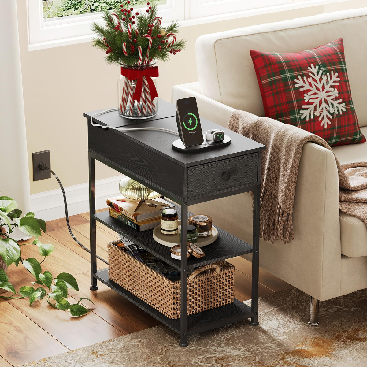 WLIVE Narrow Side Table with 2 USB Ports and 2 Outlets, Flip Top Black End Table with Drawer and Storage Shelves, Small Nightstand with Charging Station for Living Room/Bedroom