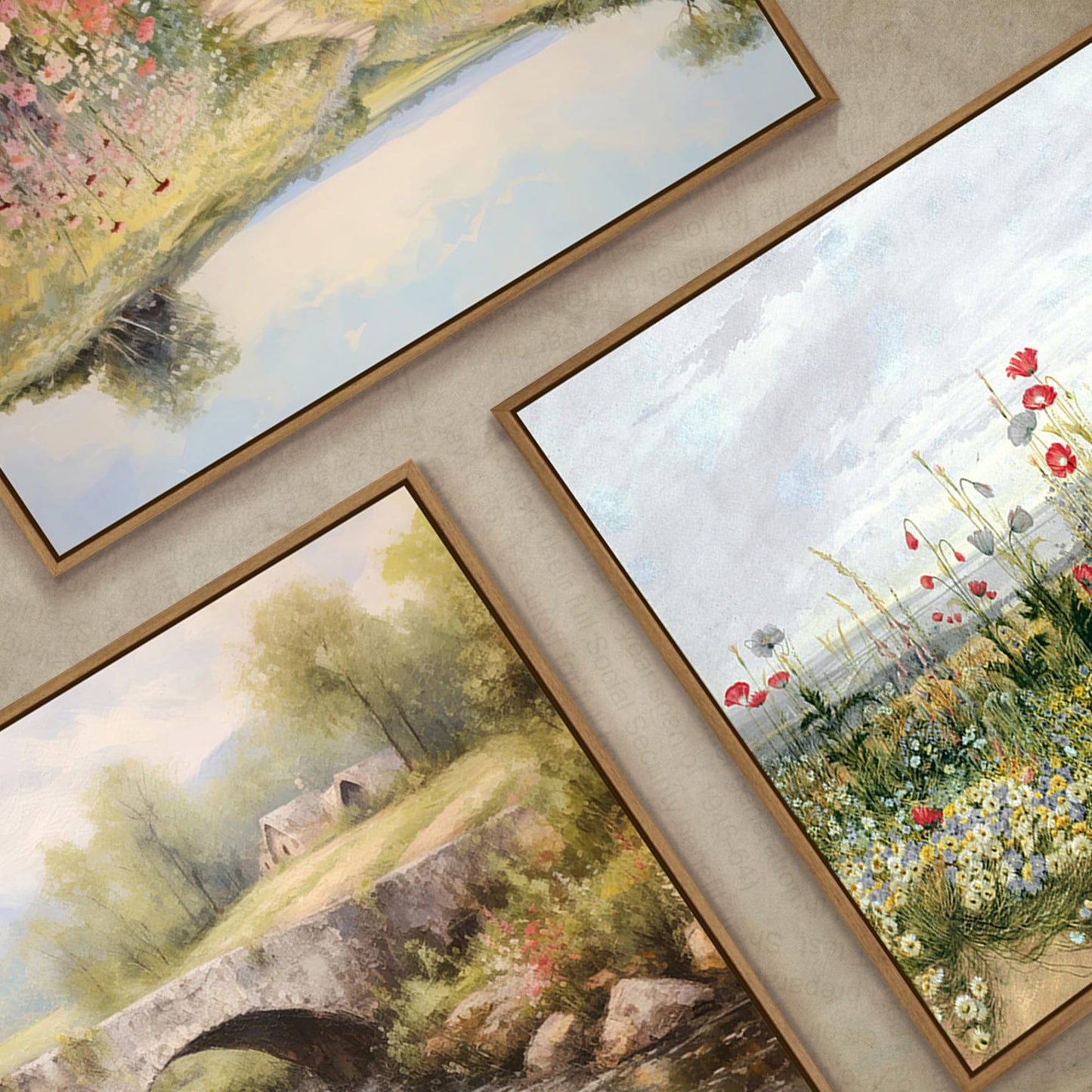 Gardenia Art Framed Country Landscape Wall Art Prints Mountain Bridge River with Blooming Flowers Wall Pictures Spring Scene Canvas Painting Nature View Artwork for Farmhouse Bedroom Home Office Decor