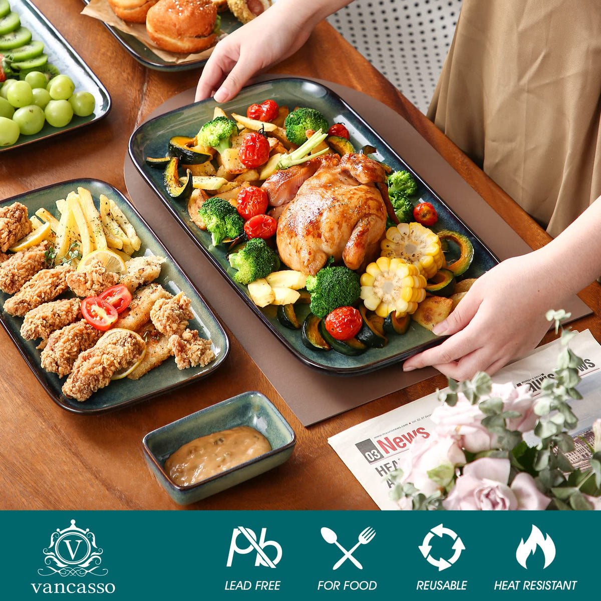 vancasso Stern Serving Platters Set of 3, 15/13/ 11 Inches Rectangular Serving Plates, Green Serving Trays for Entertaining, Party