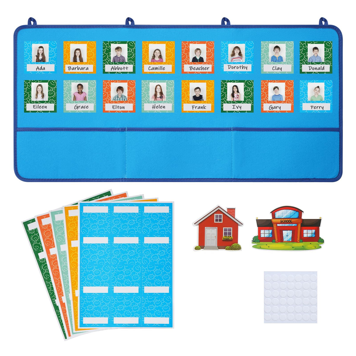 Attendance Pocket Chart for Preschool Classroom Large Wall Organization, Blue Felt Board Pocket Charts for Teachers, Kindergarten Kids Daycare Teaching Supplies, 74 Cards with 78 Magic Hooks