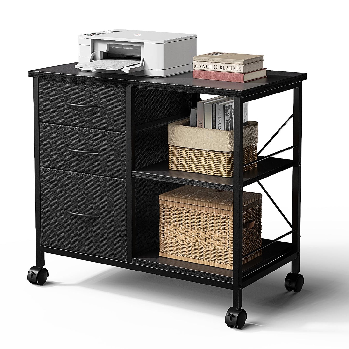 DUMOS 3-Tier Mobile File Cabinet, Printer Stand with Storage, Office Table with Drawers and Back Support Bar, Holds 110lb for Home Office, Rustic Black