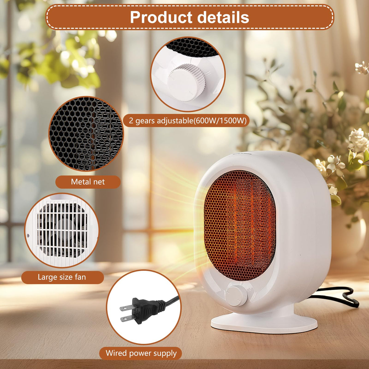 LIEWET Mini Space Heater,1500W Small Desk Heater,2 Gears Adjustable,PTC Ceramic Heating,Tip-over & Overheat Protection,Fast Heating and Super Quiet White
