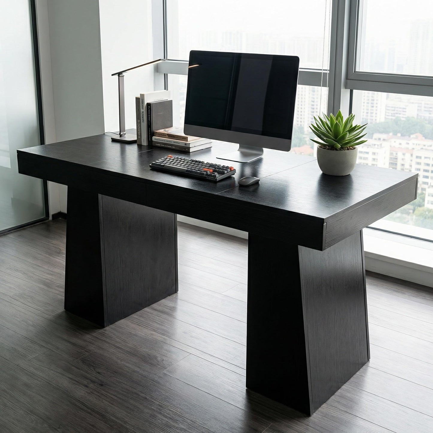 GarveeHome 55" Executive Desk, Mid-Century Modern Home Office Desks with Double Trapezoid Base, Wood Computer Desk Business Workstation Desk Conference Table, Black