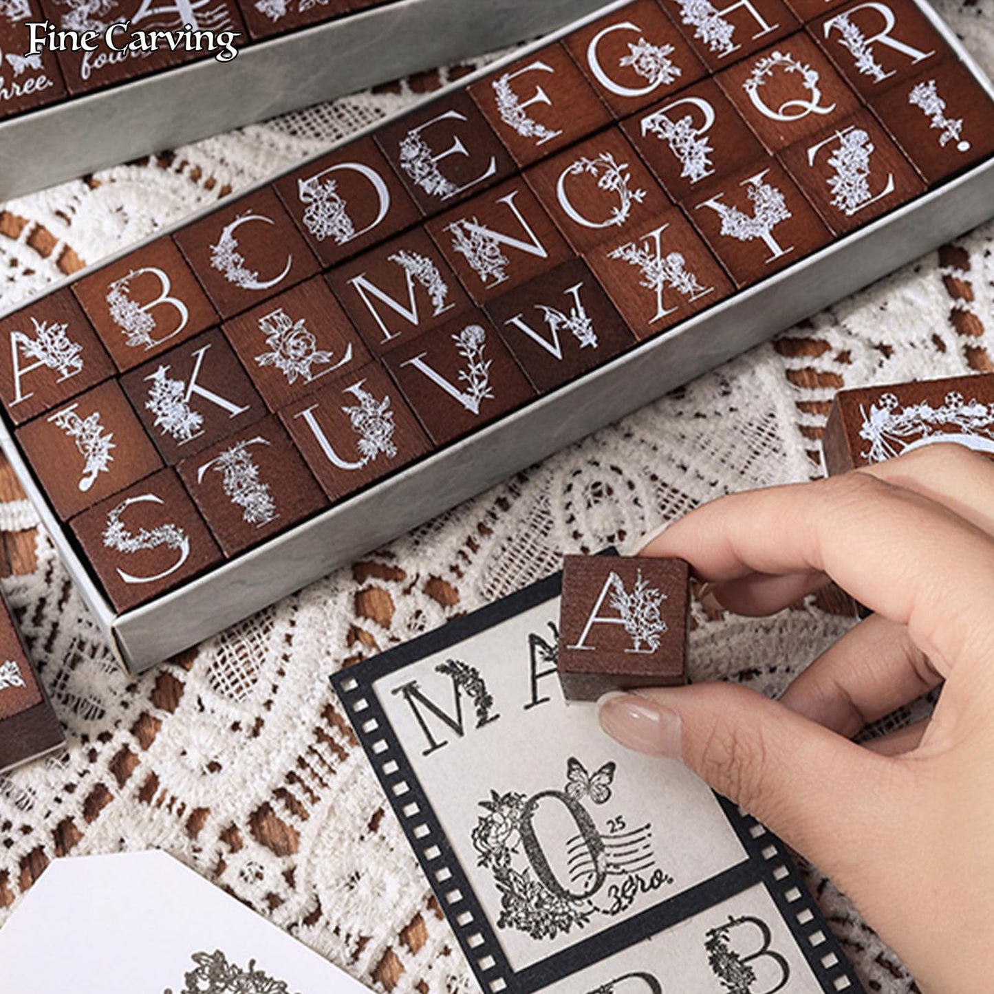 SIBLYMONA Flower Style Wooden Rubber Stamps Set - 10Pcs Number or 27Pcs Alphabet Stamps for Crafting - Decorative Letter and Number Stamp Kit (Alphabet(27Pcs))