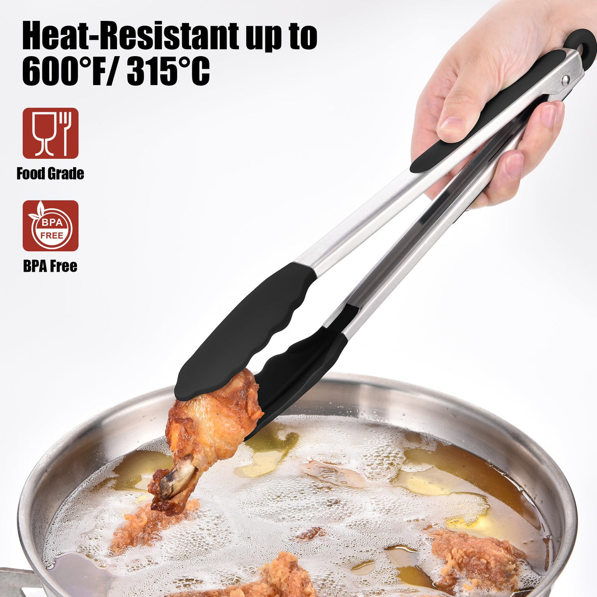 Doosu Kitchen Tongs for Cooking - 600°F Heat Resistant Food Tong Set with Non-Scratch Silicone Tips, Heavy Duty Stainless Steel Locking Tong for BBQ, Grilling Steak, Serving Salad (9+12in, Black)