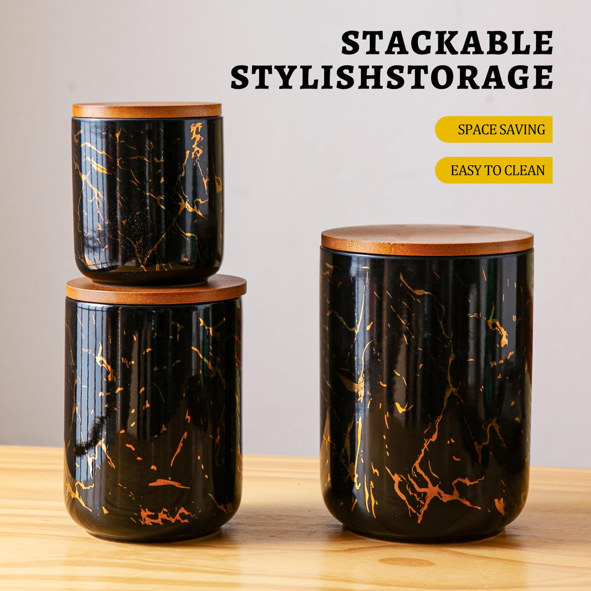 Tenforie Ceramic Canister Set with Bamboo Airtight Lids, 3-Piece Kitchen Storage Jars (48oz, 30oz, 12oz) – Black with Gold Marble Pattern, Glossy Finish, for Coffee, Sugar, Flour & More