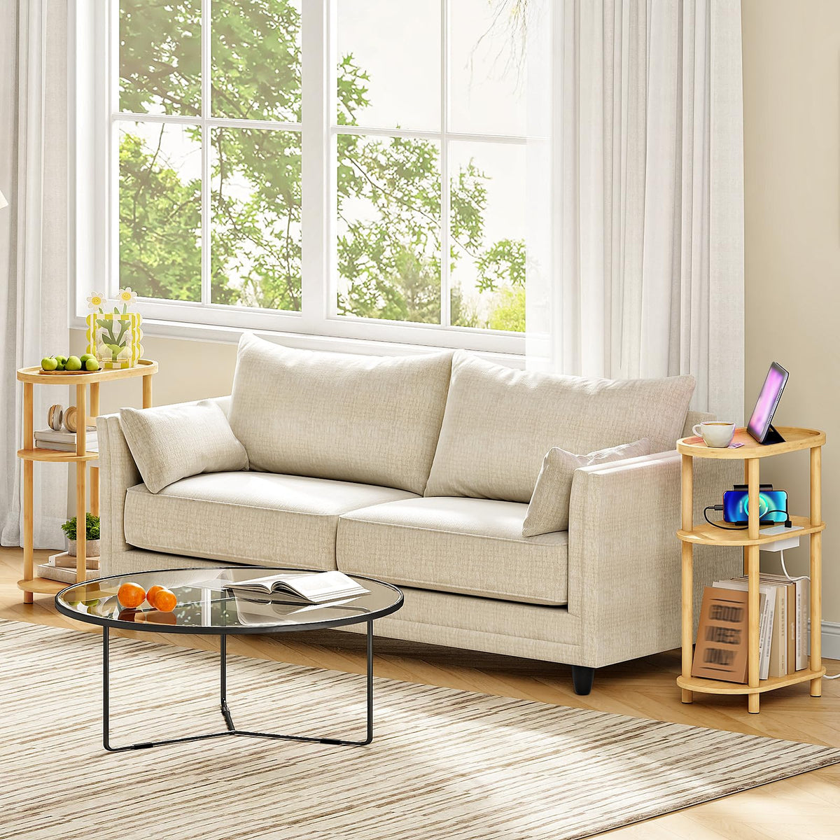 HOOBRO Small Narrow Side Table with Charging Station, 3-Tier Bamboo Narrow End Table, Slim Side Table for Small Spaces, Skinny Oval Nightstand for Living Room, Bedroom, Apartment, Natural YL178UBZ01