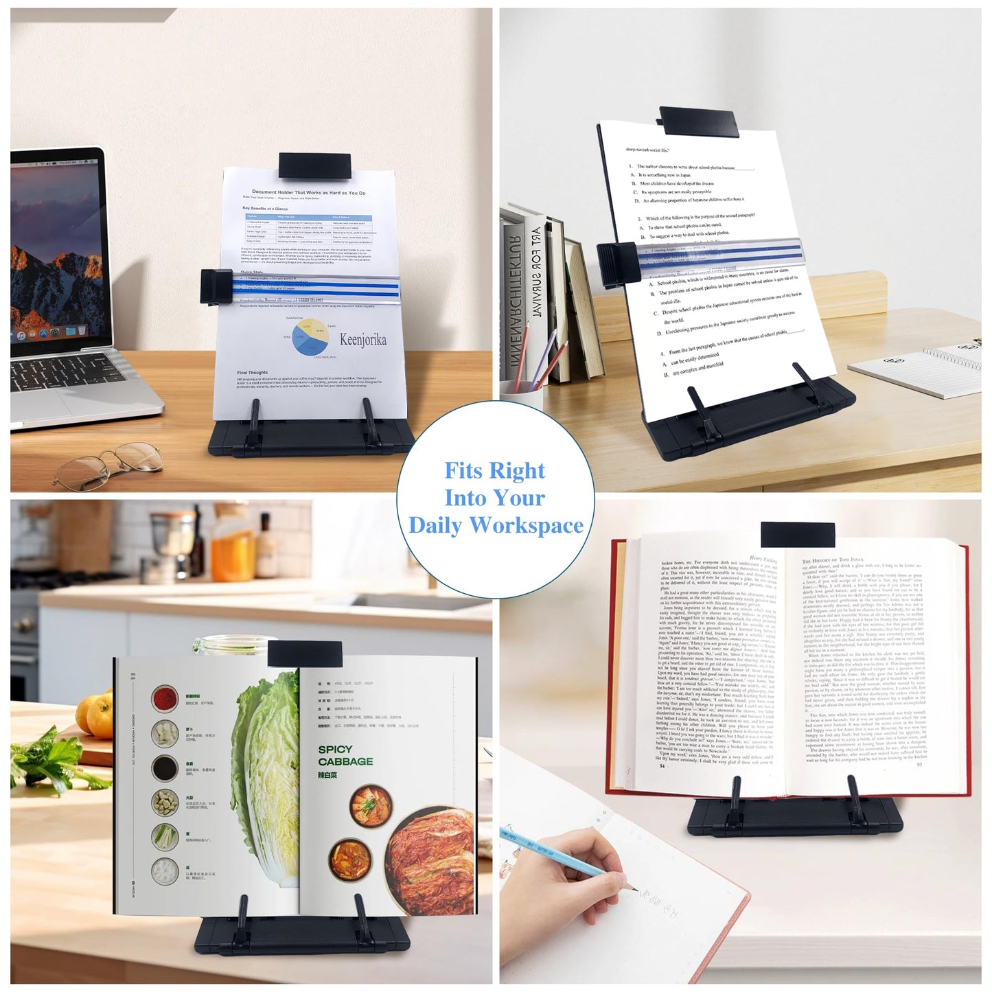 Keenjorika Desktop Document Book Holder with 7 Adjustable Positions, Black Document Holder for Desk, Paper Holder Copy Stand Holder for Speech, Paper Holder Stand for Desk Typing, Angle Adjustable