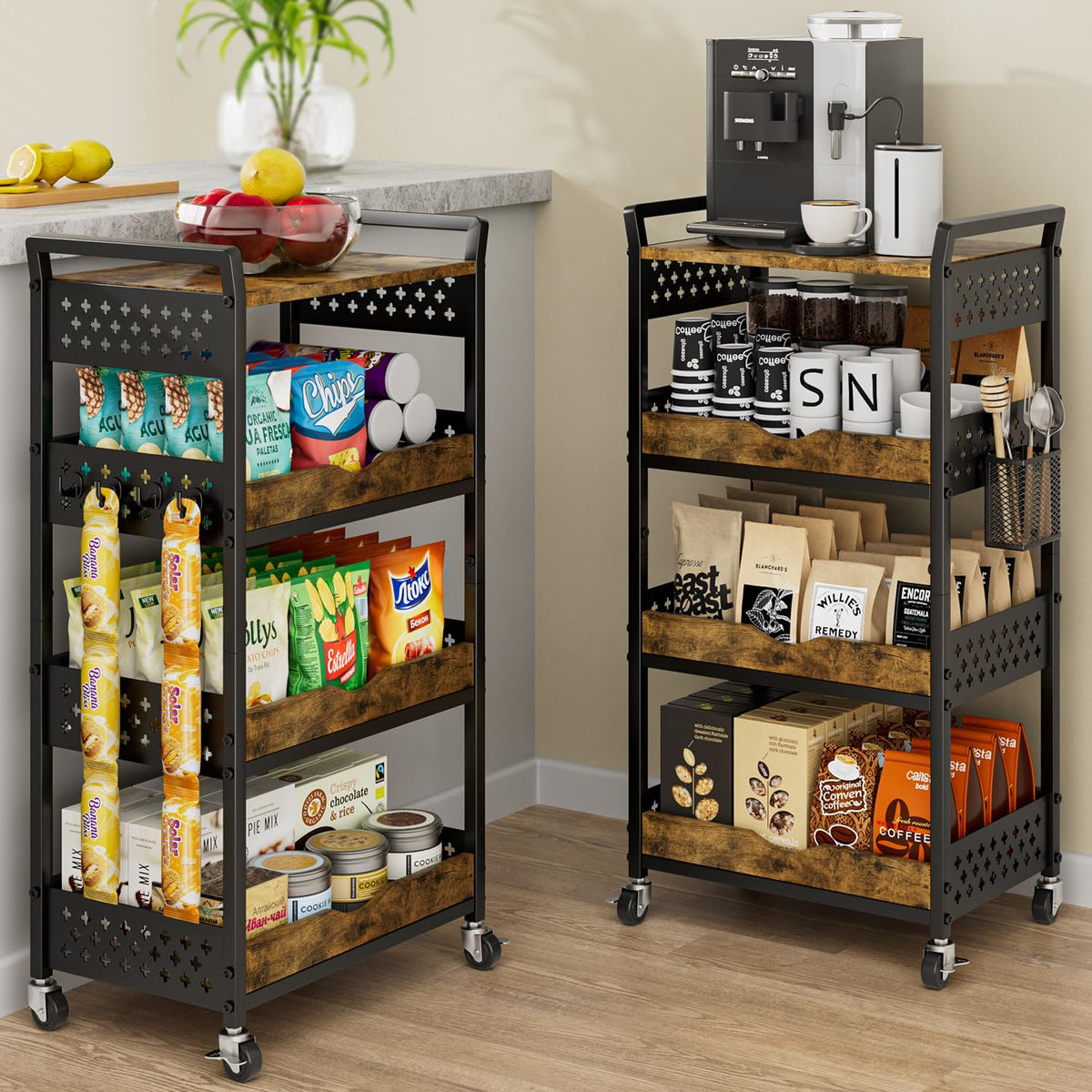 MJIMKE 4-Tier Utility Rolling Cart with Wheels - Kitchen Organizations and Storage Metal Cart, Detachable Fruits Coffee Snacks Art Craft Storage Cart for Bathroom, Pantry & Laundry, Black