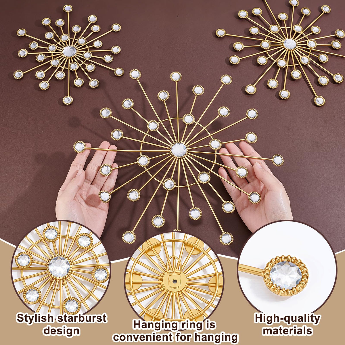 EVERJOYCRAFT 4pcs Sunburst Metal Wall Art Decor Bling Crystal Wall Decorations Starburst Home Decor Modern Accent Sculptures Hanging Pendants for Living Room Bedroom Entryway Office (Gold)