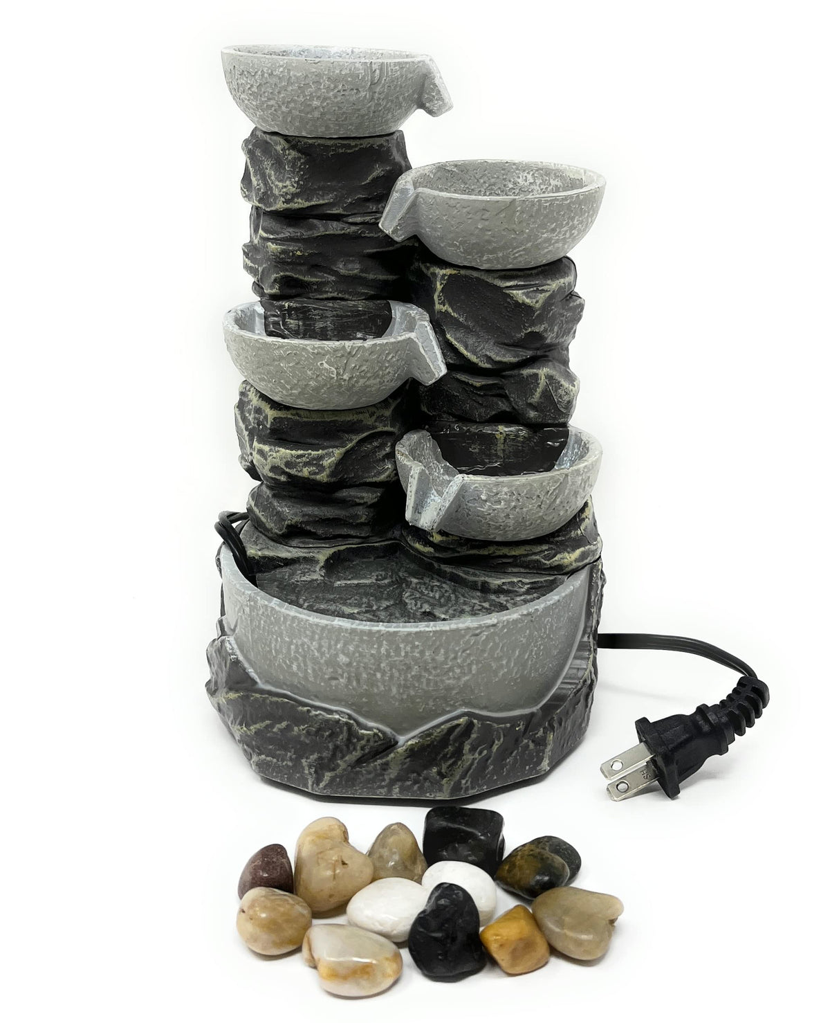 Nature's Mark 9" H 5-Tiered Cascading Rock Bowl Tabletop Water Fountain with Natural River Rocks and LED Lights (Power Cord Attached)
