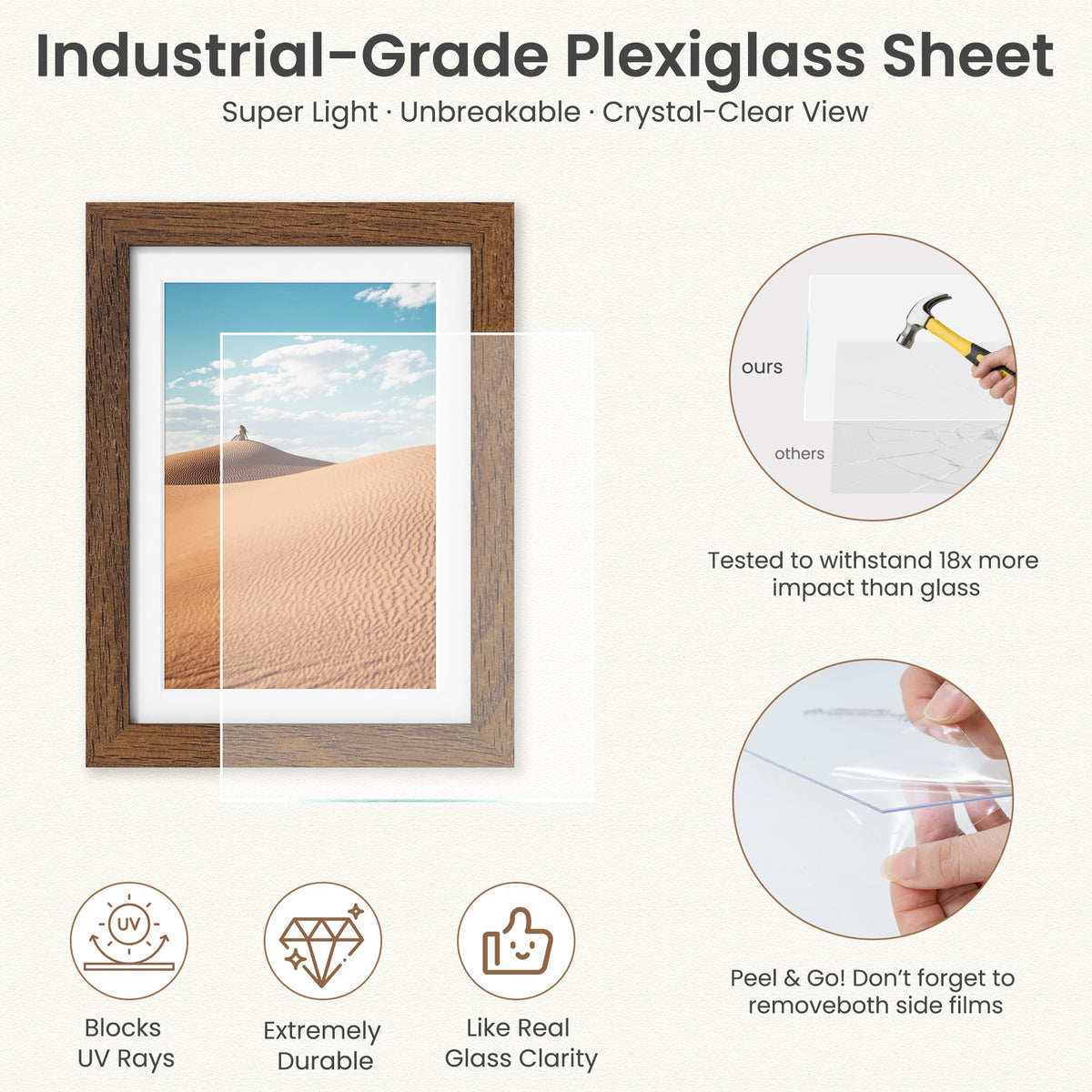 Dreamland 8x10 Picture Frame with Mat for 5x7, USA-Sourced Natural Oak Wood Photo Frames with Resistant Plexiglass, 8 x 10 Wooden Gallery Wall Frames for Art, Wall or Tabletop Display, Walnut