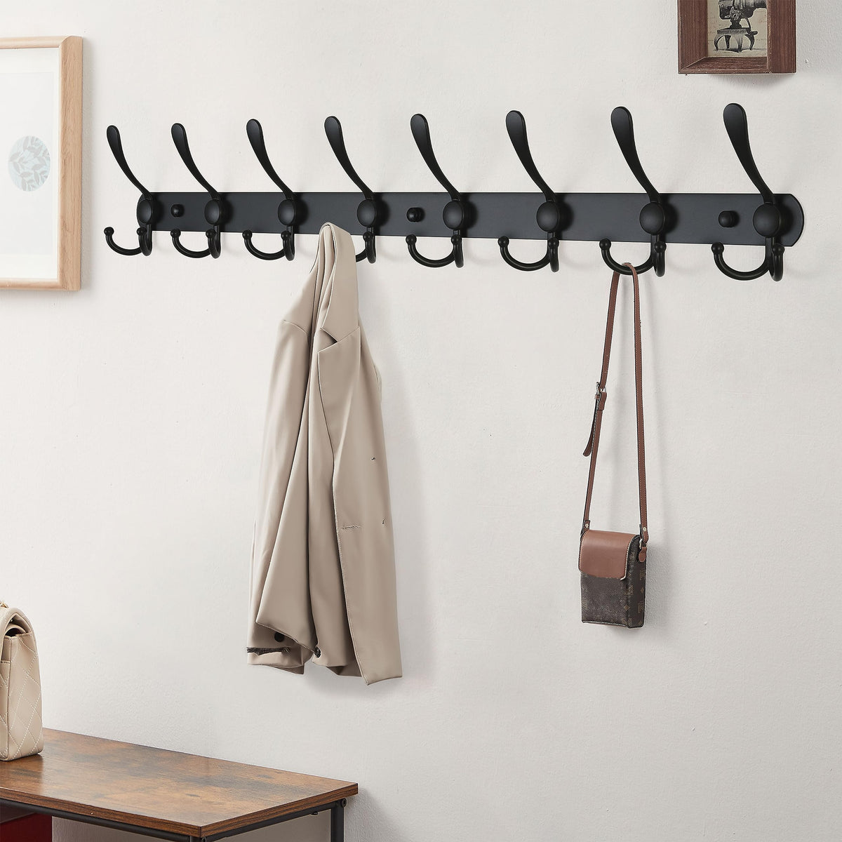 Dseap Coat Rack Wall Mount - 29.5” Long 8-Tri-Hooks Heavy Duty Coat Hanger Rail Wall Hooks for Hanging Coats Hats Clothing Clothes Purse Mudroom Entryway, Black