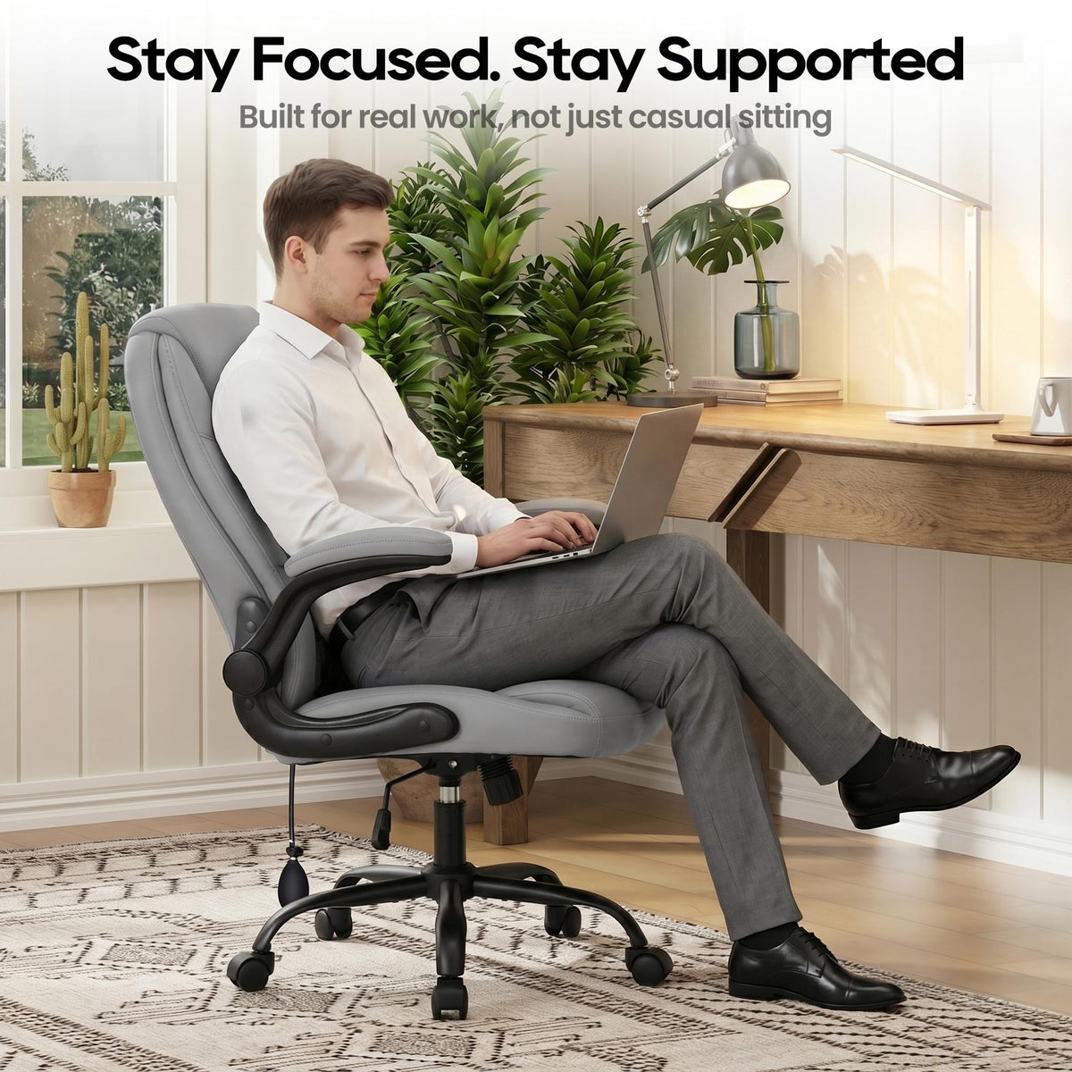 MALOL Leather Office Chair, Computer Desk Chair with Adjustable Lumbar Support, Thick Cushion, Flip-Up Arms and Ergonomic Back, Comfy Executive Office Chair for Home Office Gaming,Grey