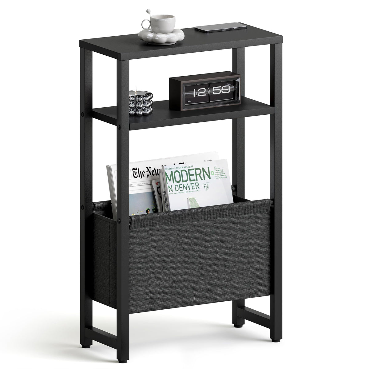 IRCPEN Narrow Side Table, Slim End Table with Magazine Rack, Bedside Table for Small Spaces, 3 Tier Sofa Couch Table Nightstand for Living Room, Bedroom Black LET503B