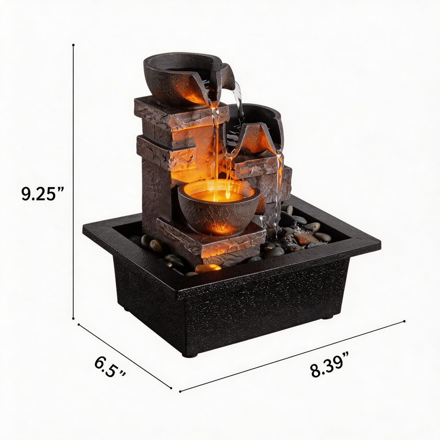 MAOCHI Indoor Fountain 3-Bowl Rockery Soothing Sound Tabletop Fountains Home/Office Decor with Natural River Rocks LED Lights Automatic Watering Pump(22044A)